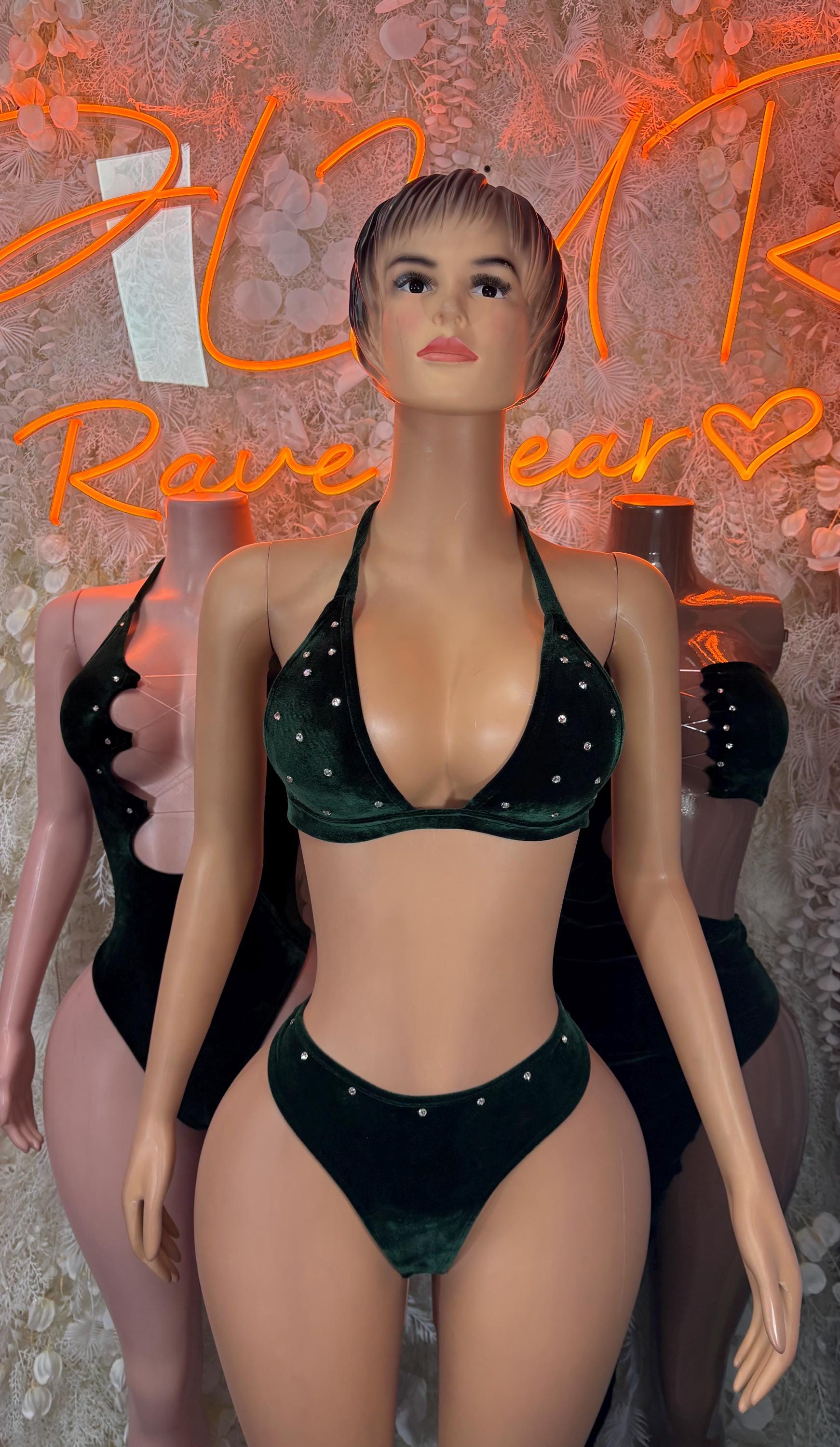 Dark green velvet two-piece dance set with studded triangle bra and matching briefs