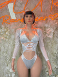 Silver metallic lace-up V-neck long-sleeve bodysuit with strappy back, one-piece dancewear