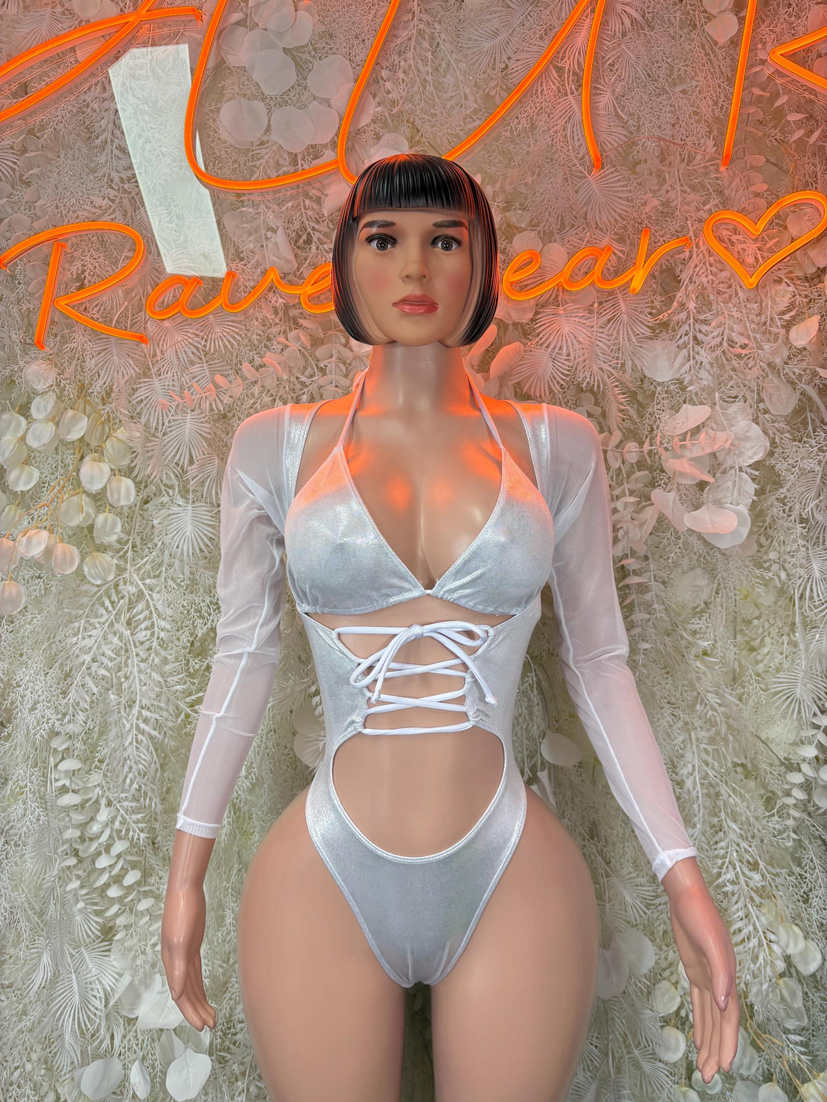 Silver metallic lace-up V-neck long-sleeve bodysuit with strappy back, one-piece dancewear