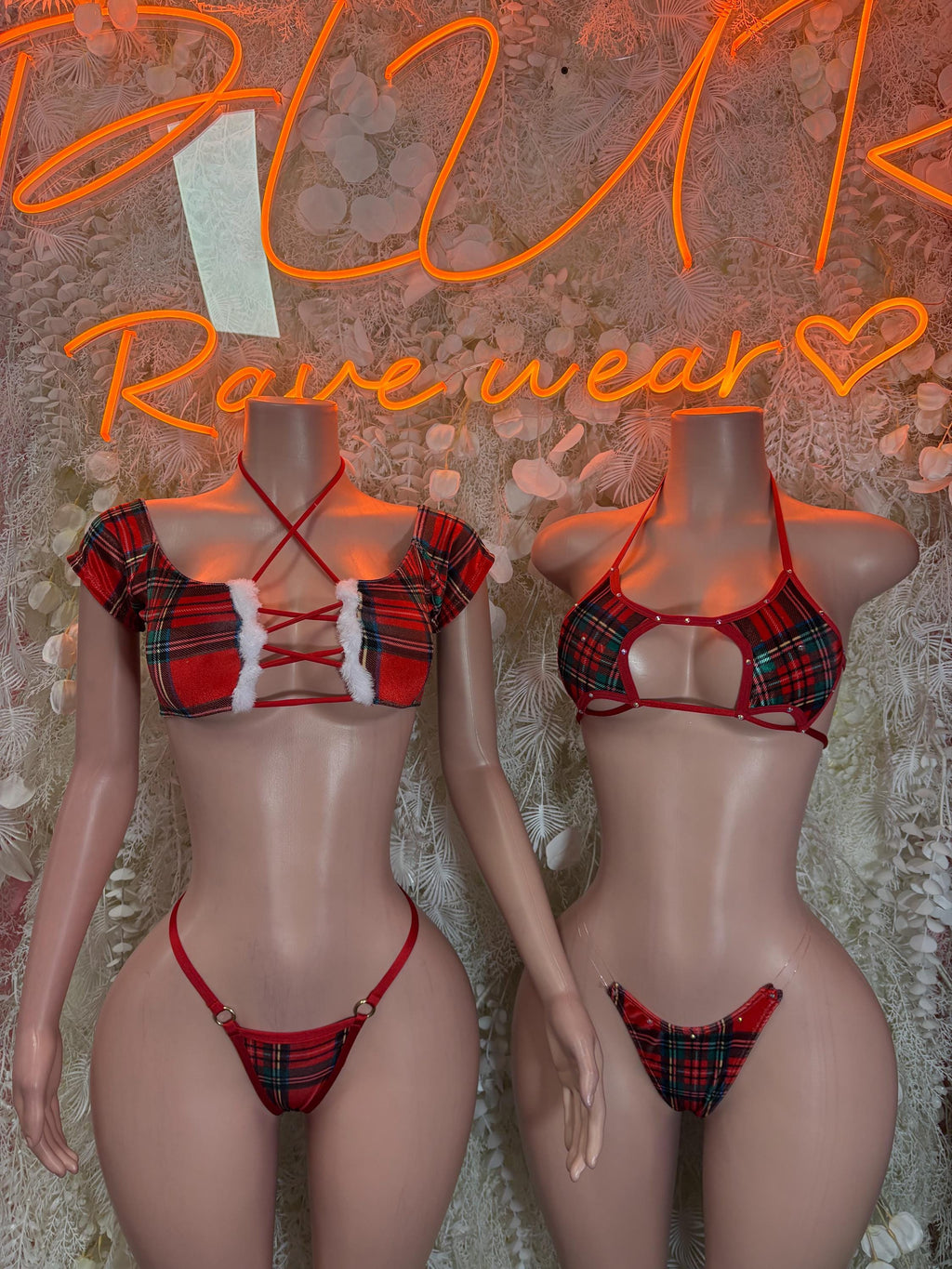 Two-piece red plaid bikini lingerie set shown on two models, triangle bra and briefs