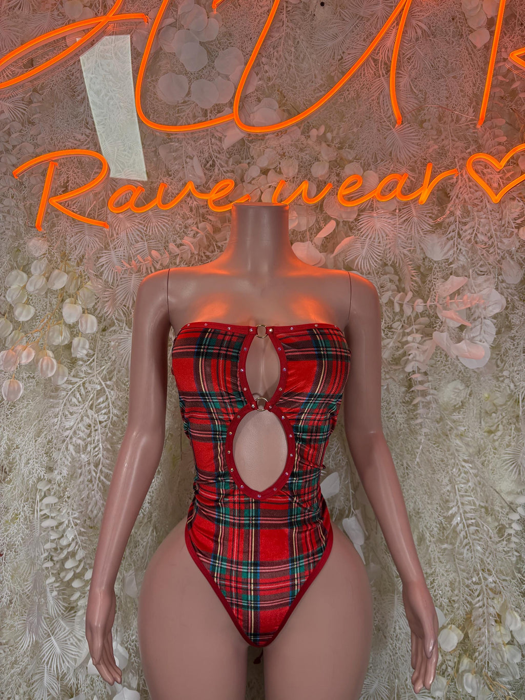 Red plaid cutout strapless bodysuit with oval chest cutouts