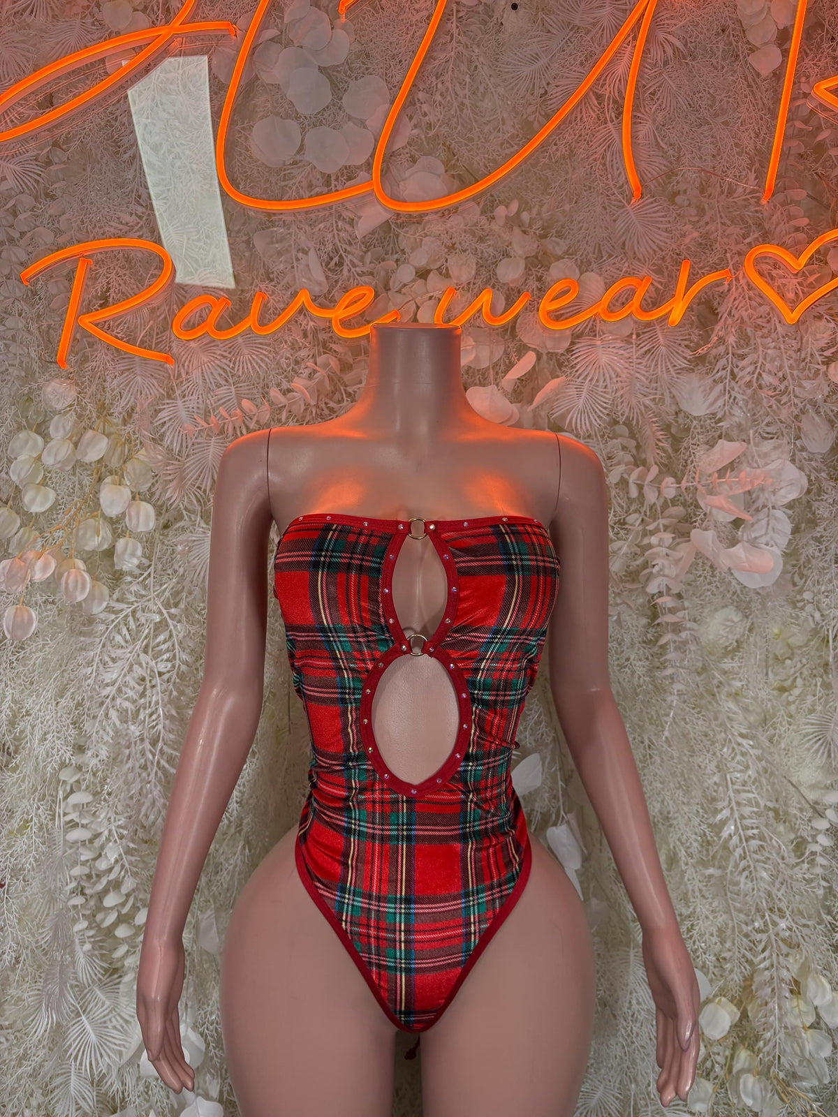 Red plaid cutout strapless bodysuit with oval chest cutouts