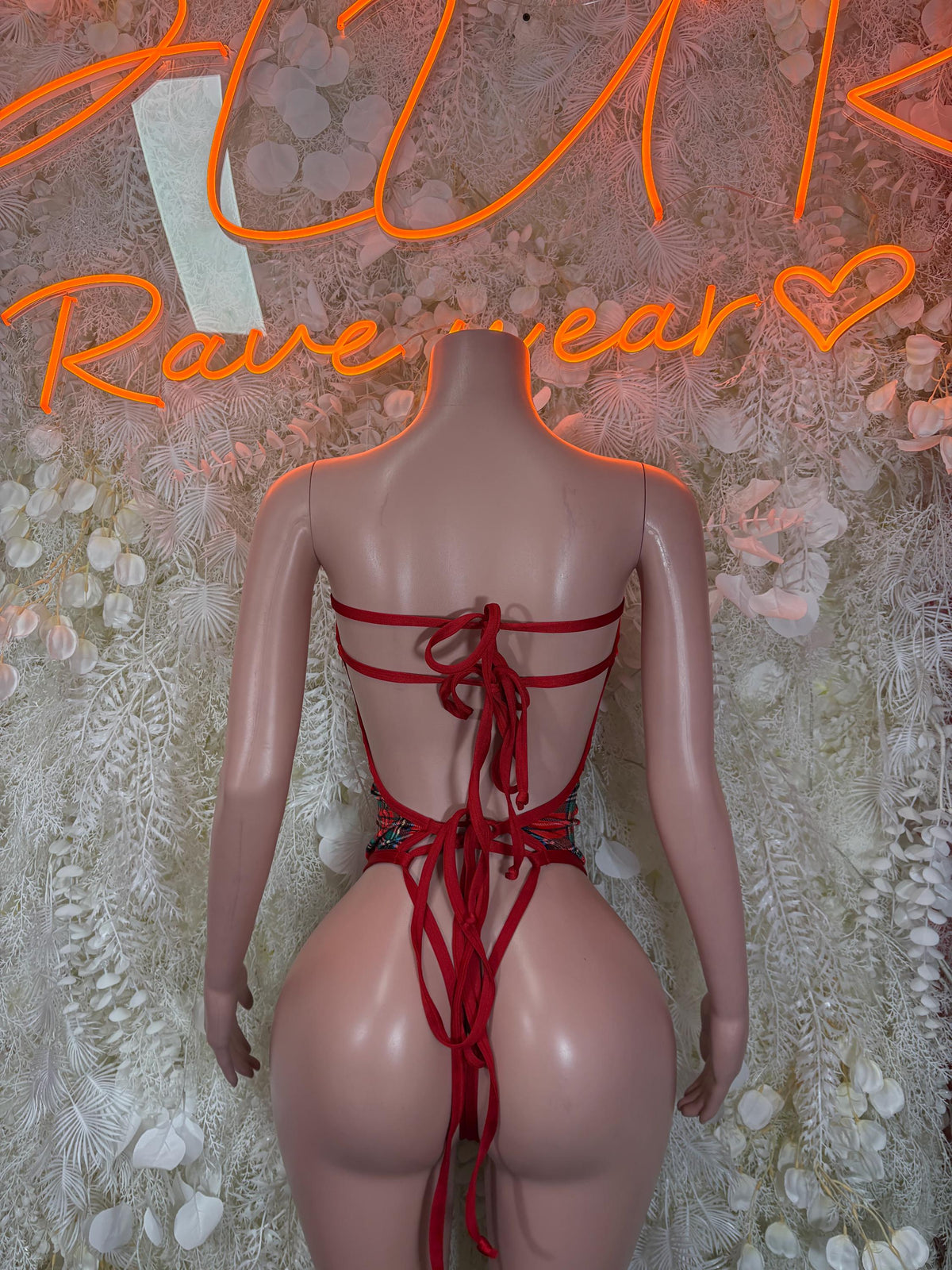 Red plaid bodysuit with open back keyhole and lace-up tie strings