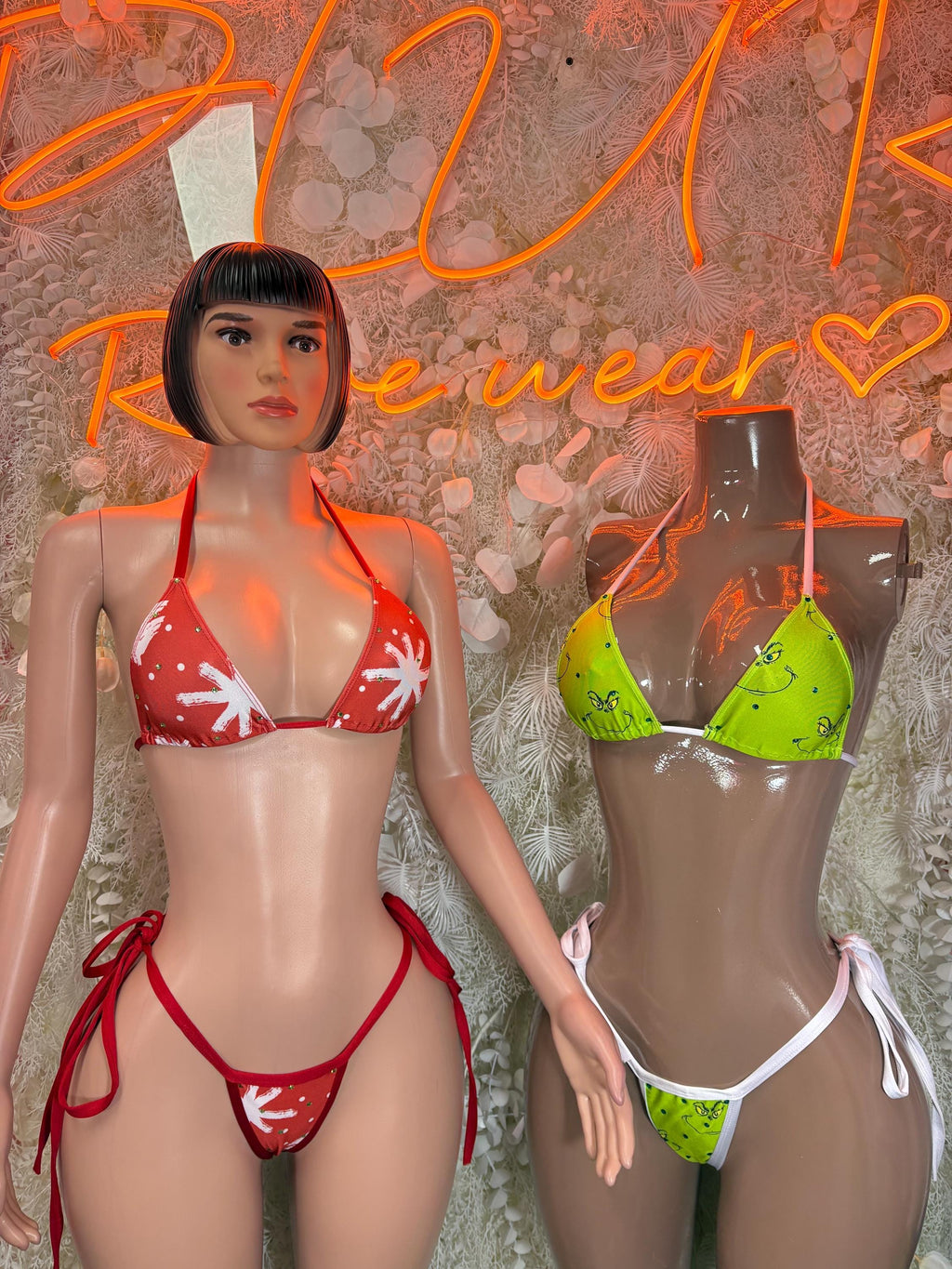 Red and neon green sequin triangle bikini costumes with string ties