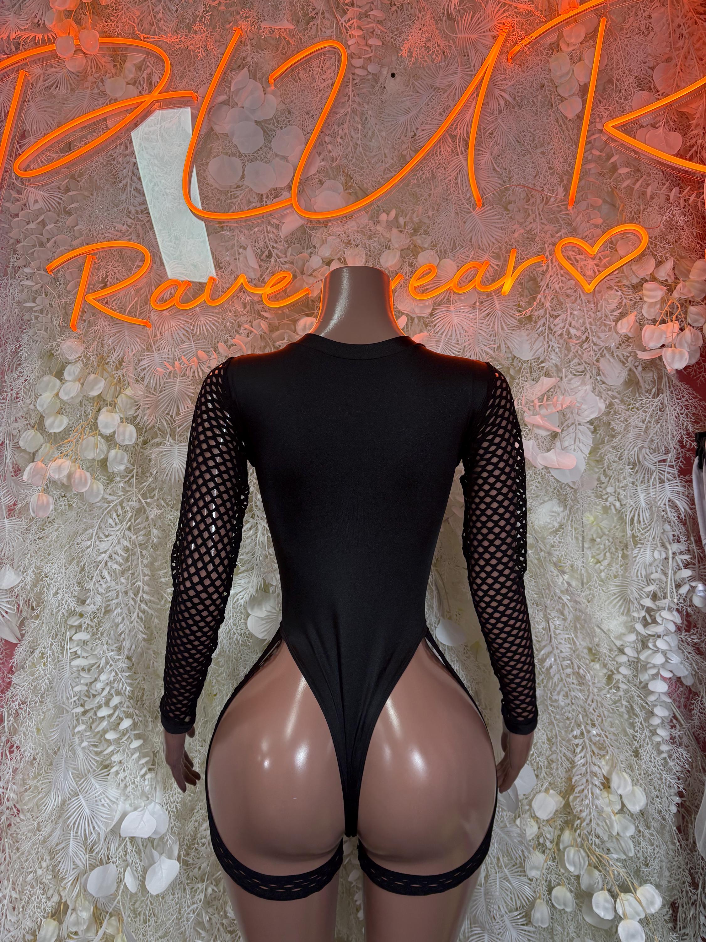 Black high-neck one-piece bodysuit with sheer mesh long sleeves and cutout sides
