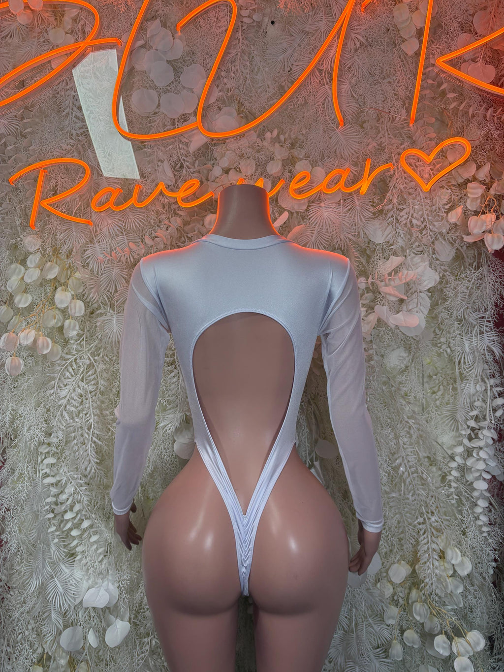 Metallic silver cheetah-print bodysuit, long sleeves, open back with tie strap