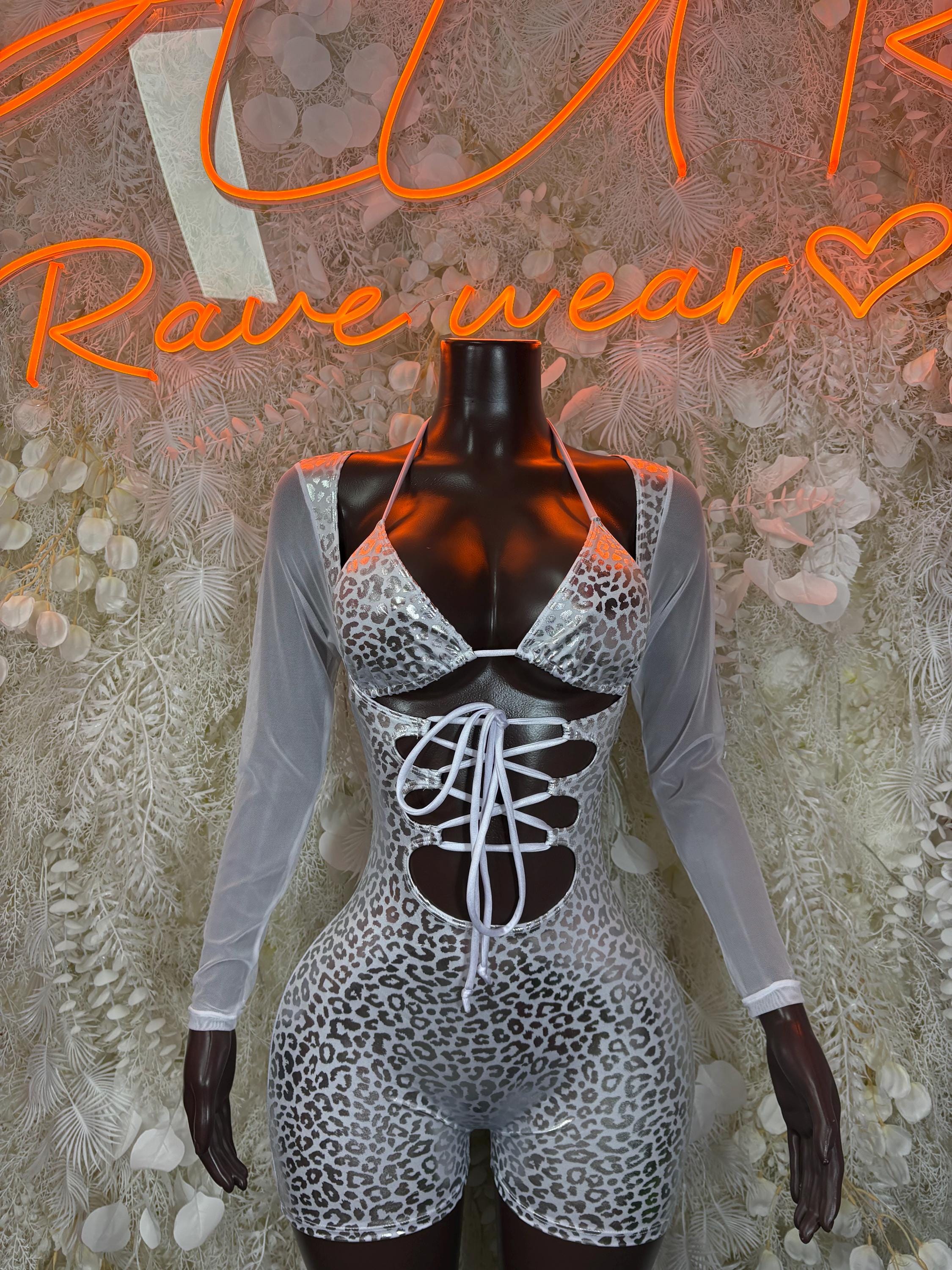 Cheetah print bodysuit, silver-gray with black spots, long sleeves, front lace-up