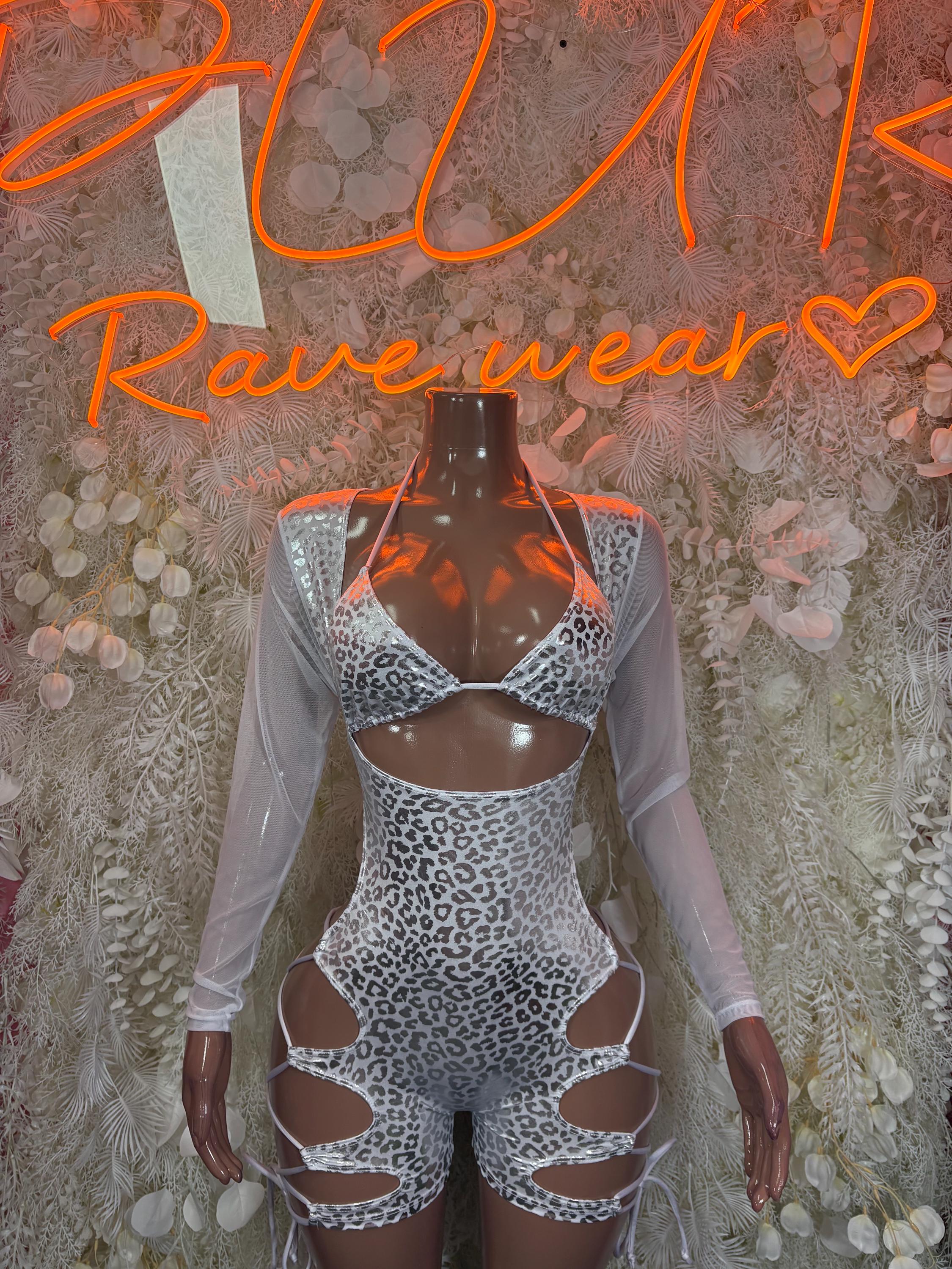 Silver cheetah-print bodysuit with lace-up neckline and cutout hips, sheer sleeves