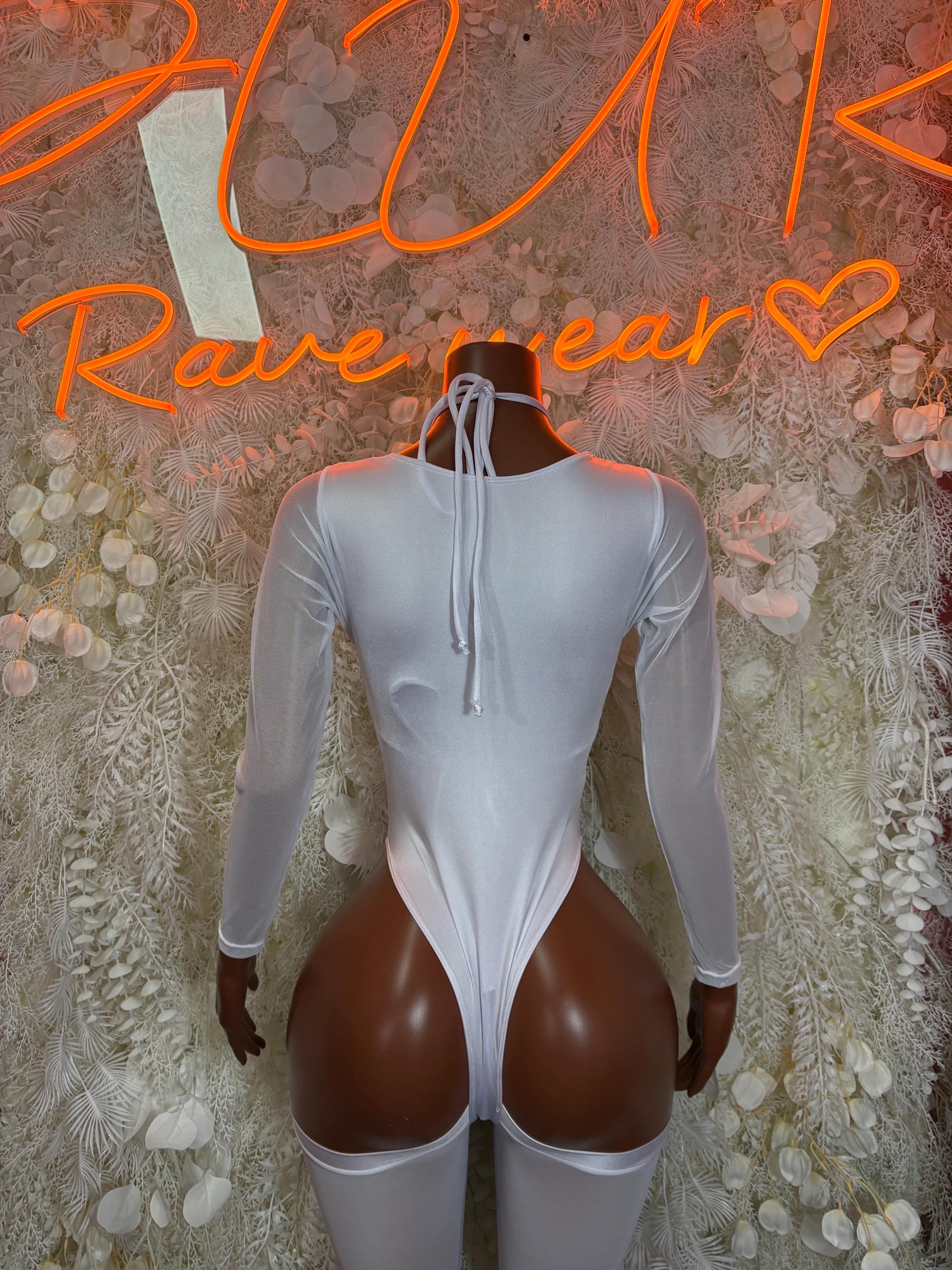Silver cheetah-print thong bodysuit with long sleeves and open back