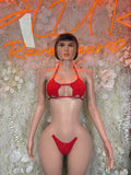 Red rave bikini with triangle top, tie-front bottoms, and silver trim accents