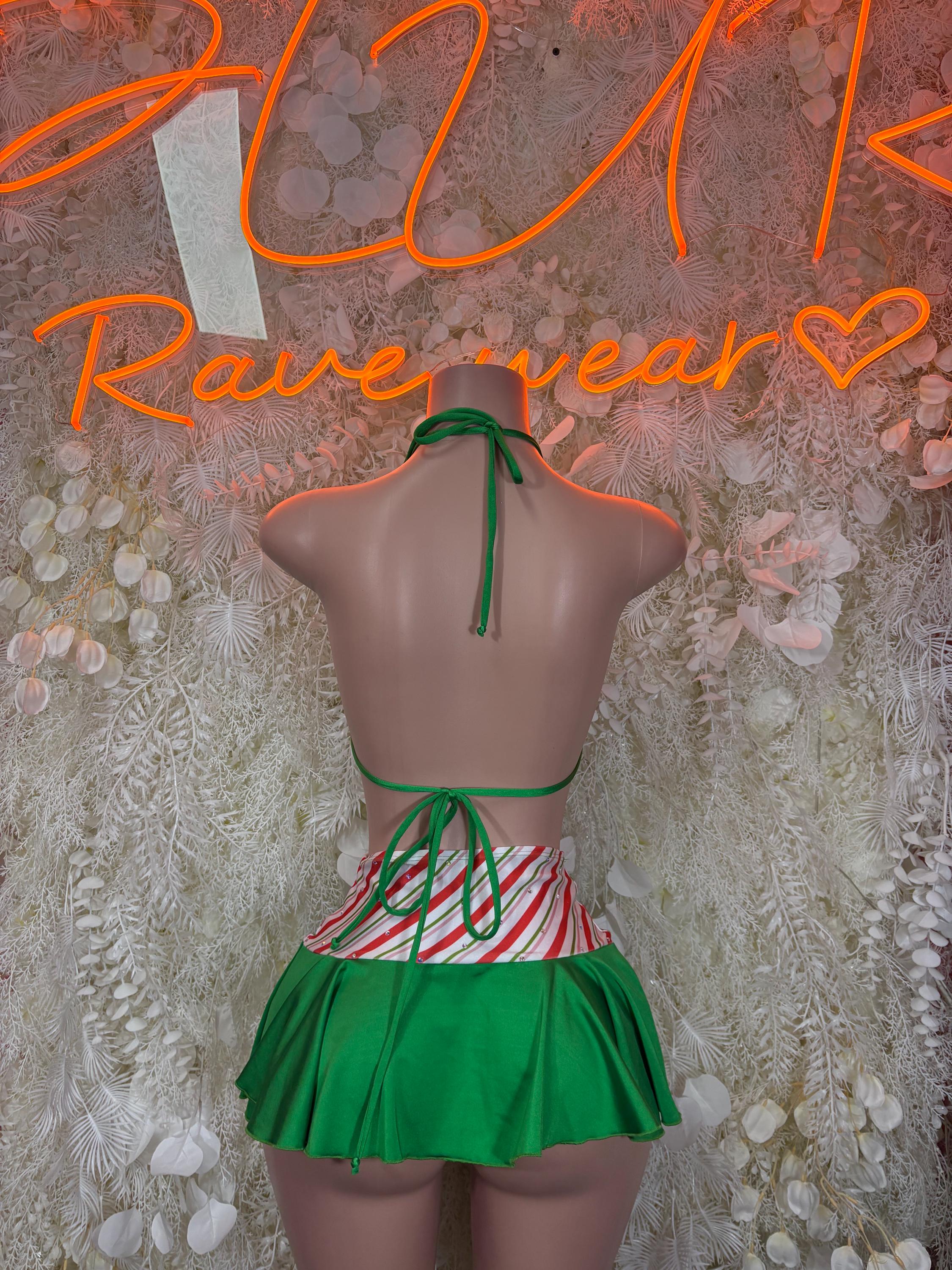 Back view green bikini bodysuit with tied halter strings and matching flared skirt