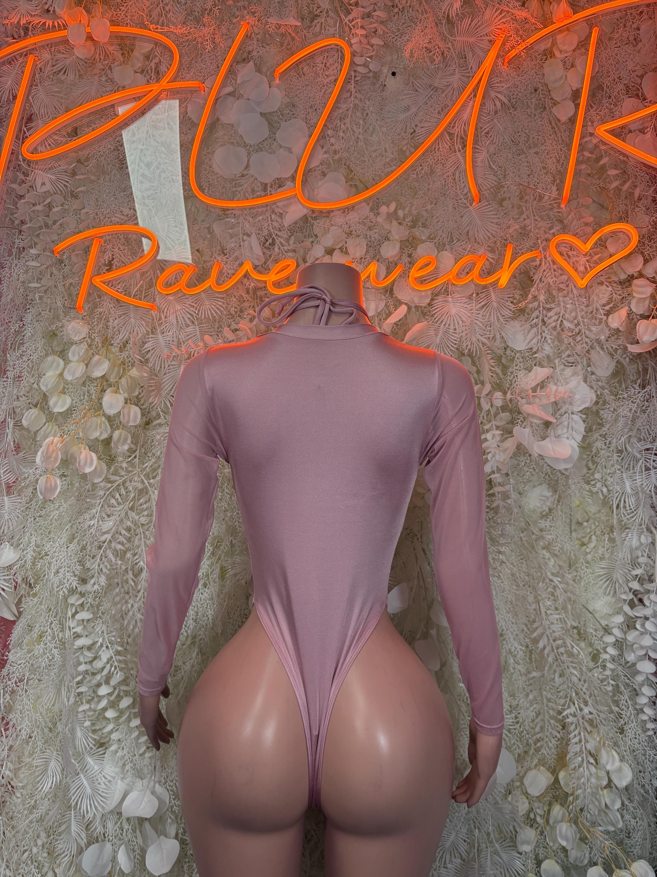 Rose pink velvet bodysuit with sheer long sleeves, full back view