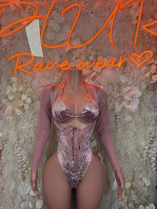 Rose pink velvet bodysuit with long sleeves and lace-up V-neck front