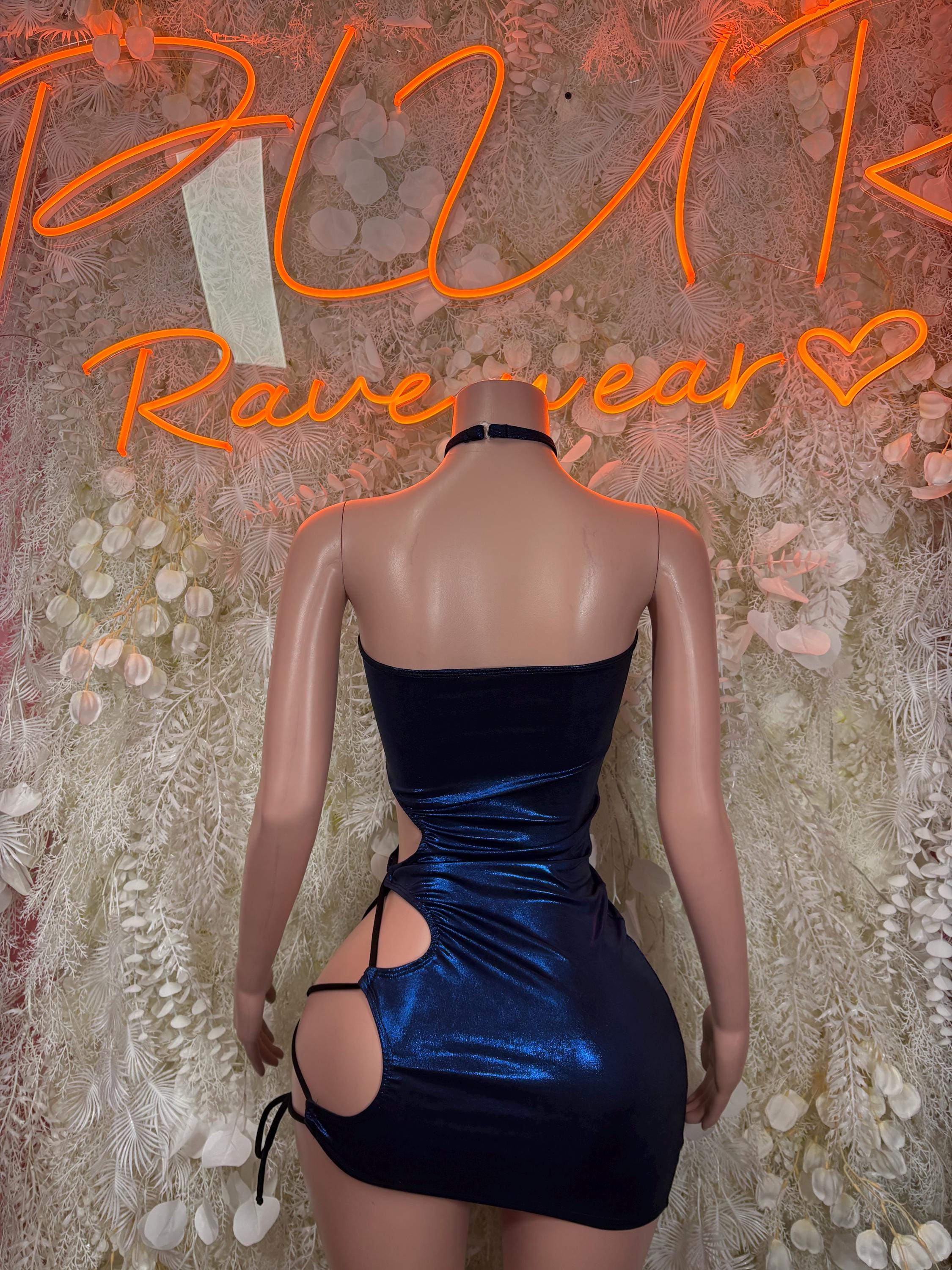 Blue mini dress back view with open cutout and adjustable tie straps