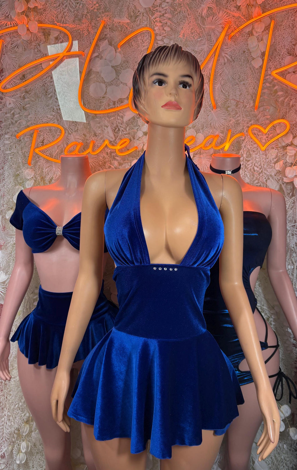 Blue velvet halter mini dress with draped bust and deep V front, tiered skirt