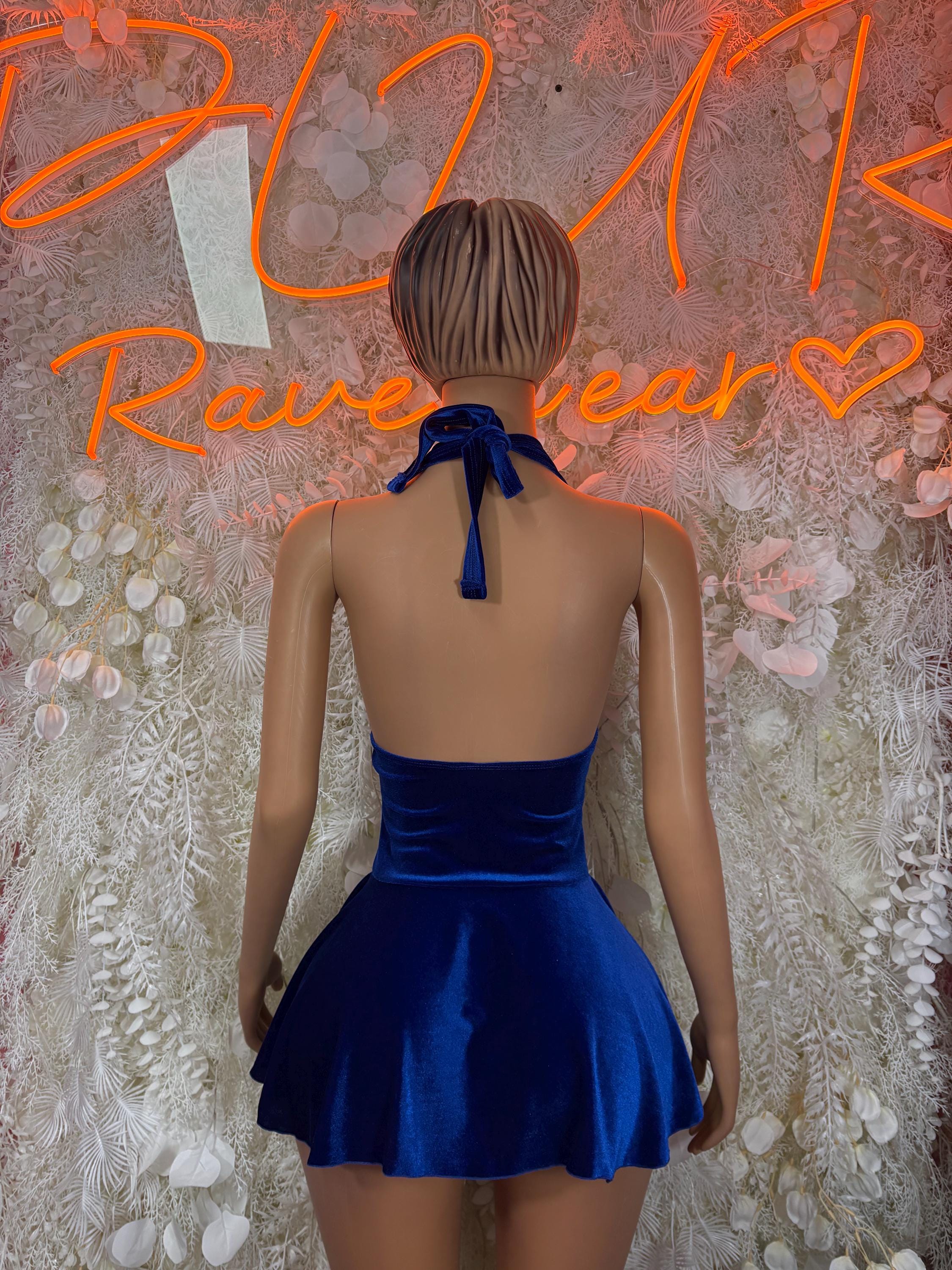 Blue velvet halter mini dress with open back and bow tie at neck, tiered skirt