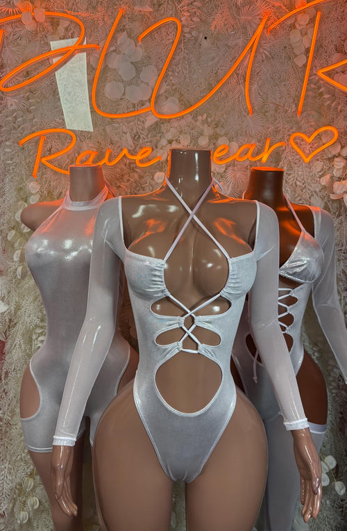 Silver metallic hologram bodysuit with crisscross lace-up front and long sheer sleeves