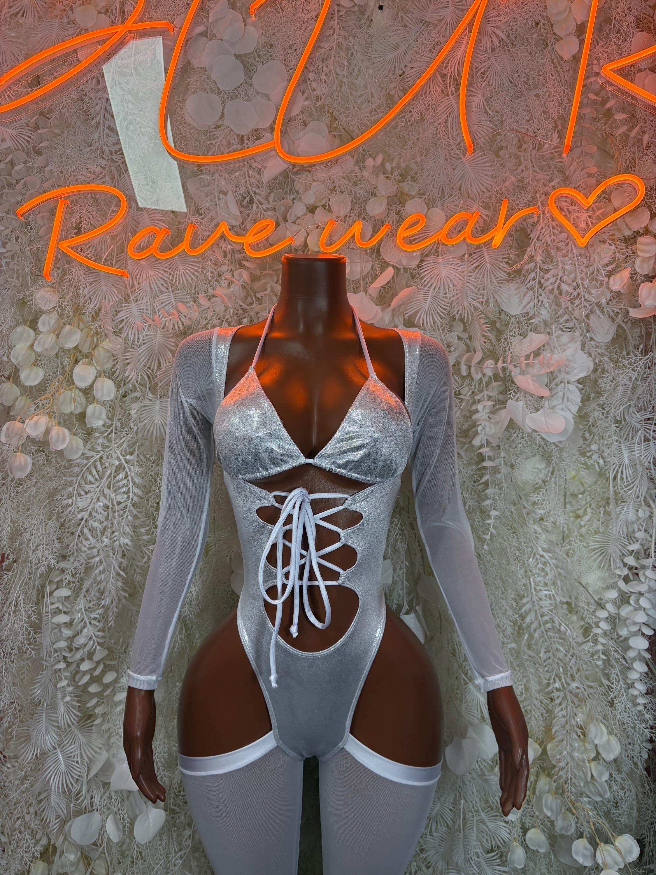 Silver metallic hologram bodysuit with lace-up center front and high leg openings
