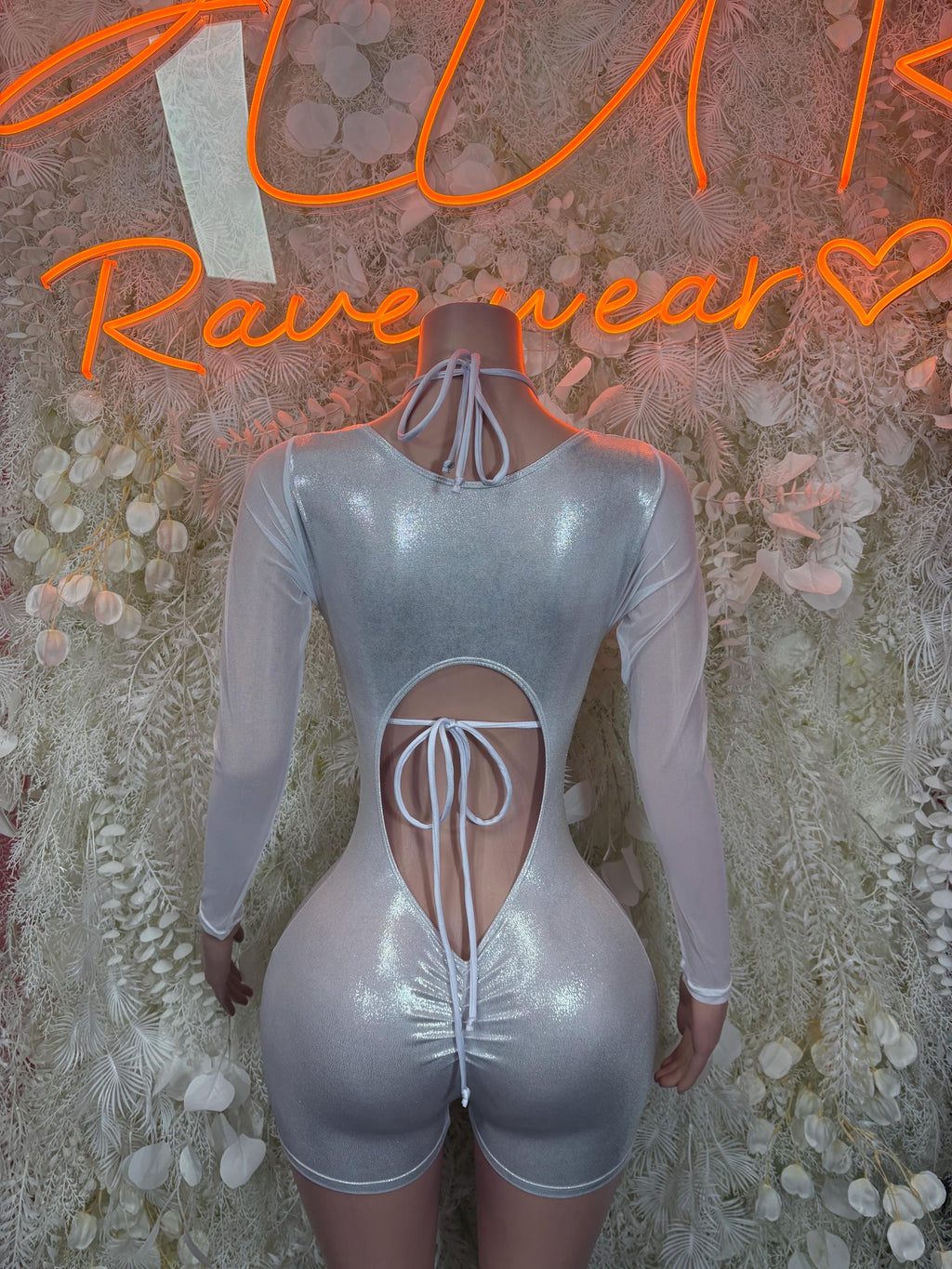 Silver metallic hologram bodysuit, open back with tie lace detail and long sleeves