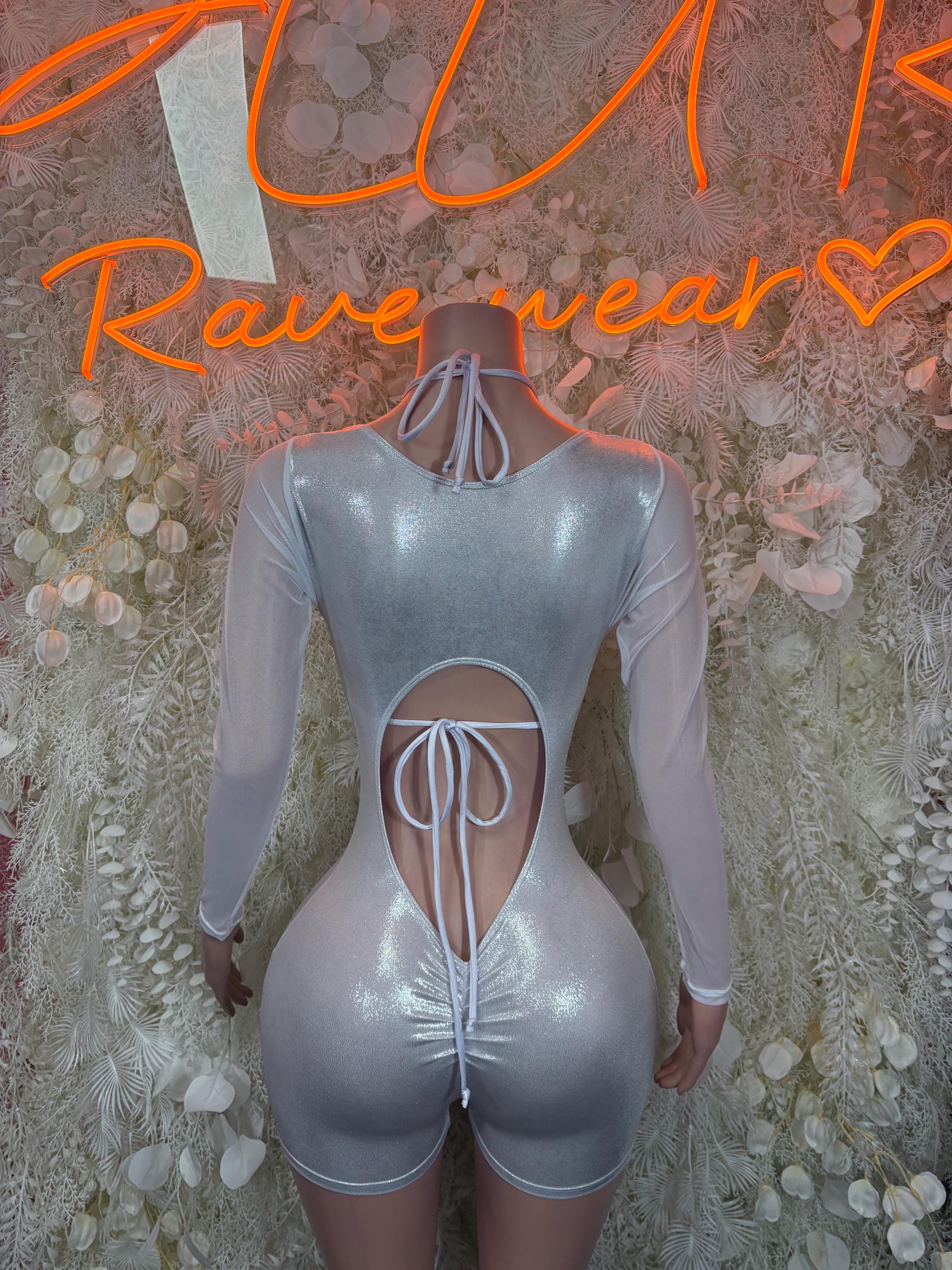 Silver metallic hologram bodysuit, open back with tie lace detail and long sleeves