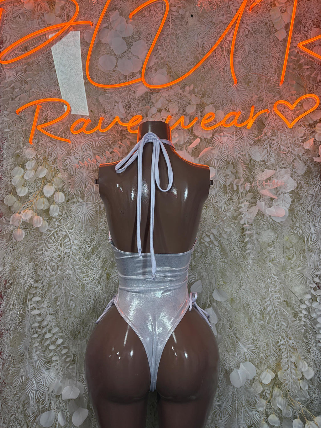 Silver metallic hologram bodysuit, long back ties and strappy front neckline