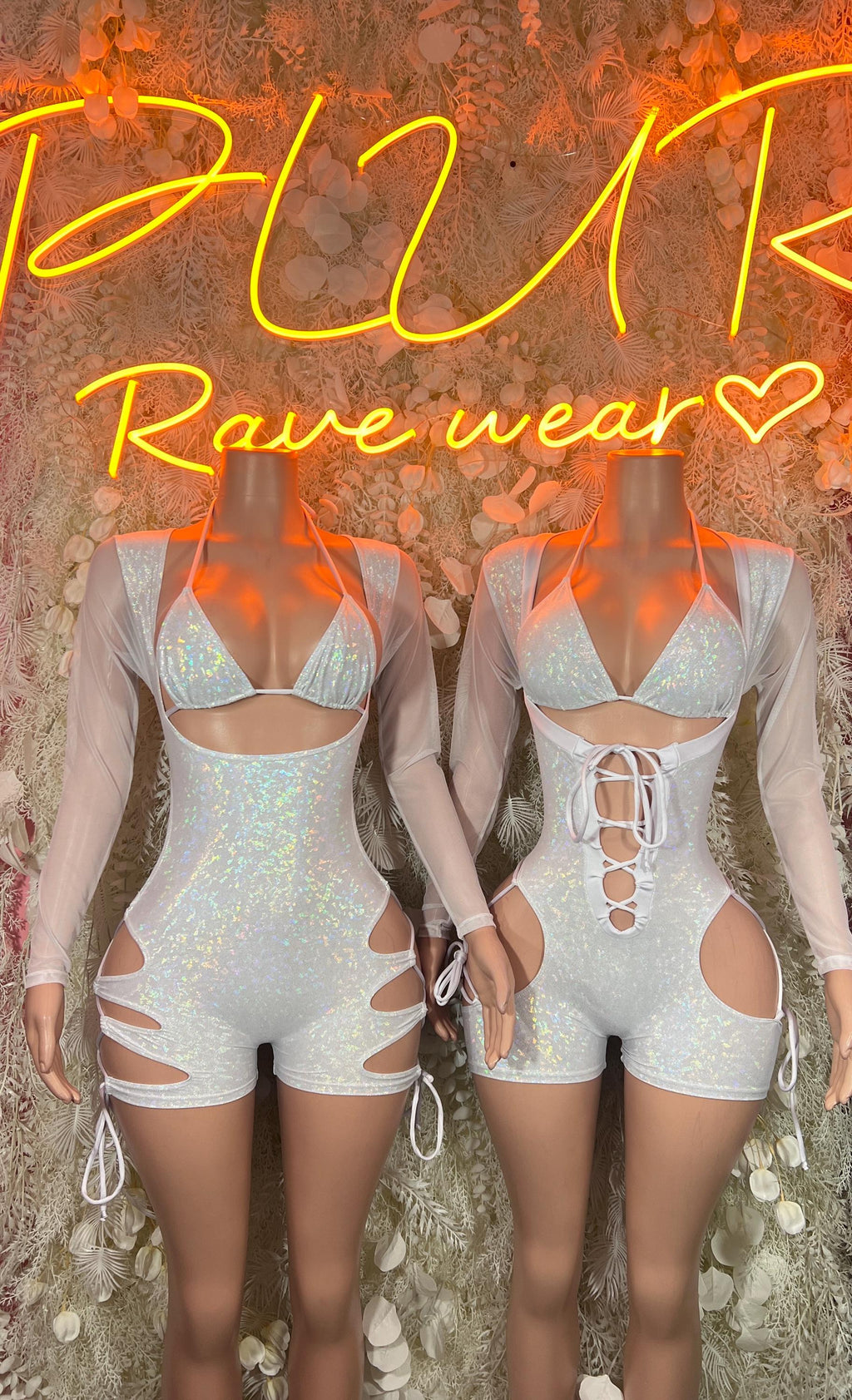 Crushed metallic white long-sleeve bodysuit with lace-up front and chest cutouts