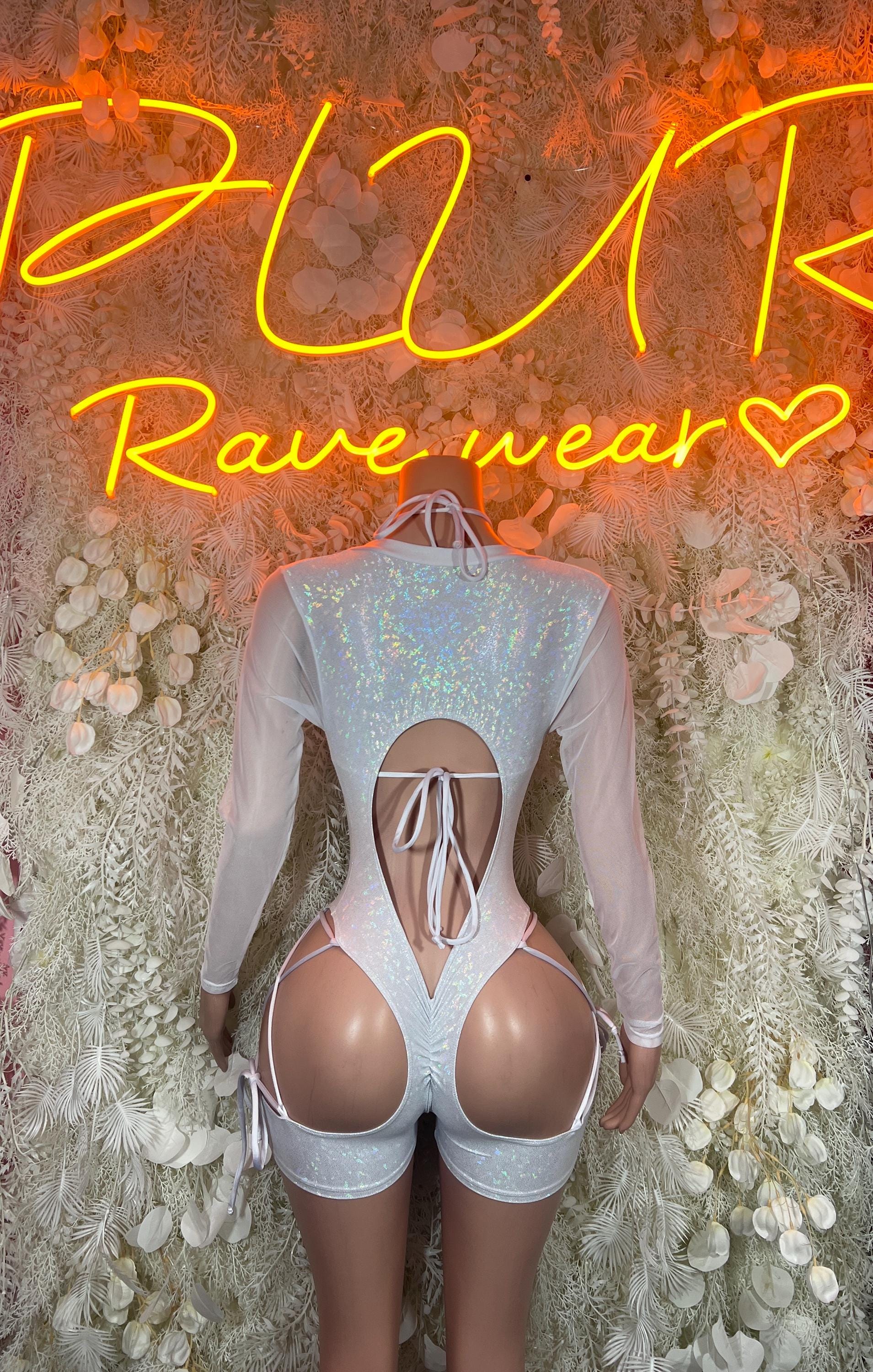 Crushed metallic white long-sleeve bodysuit with open back tie and side cutouts