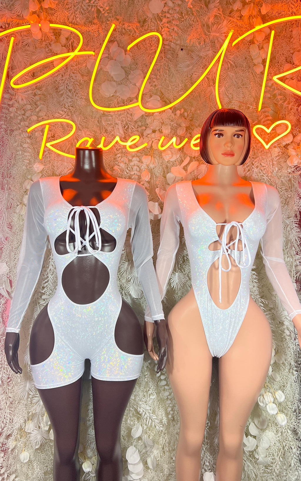 Crushed white metallic bodysuit with long sleeves, lace-up chest and cheeky back
