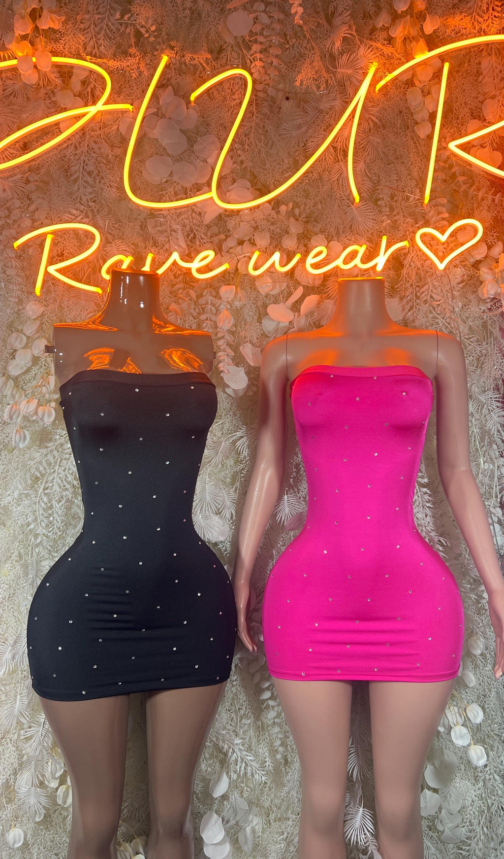 Rhinestone mini dresses, strapless black and bright pink glitter bodycon