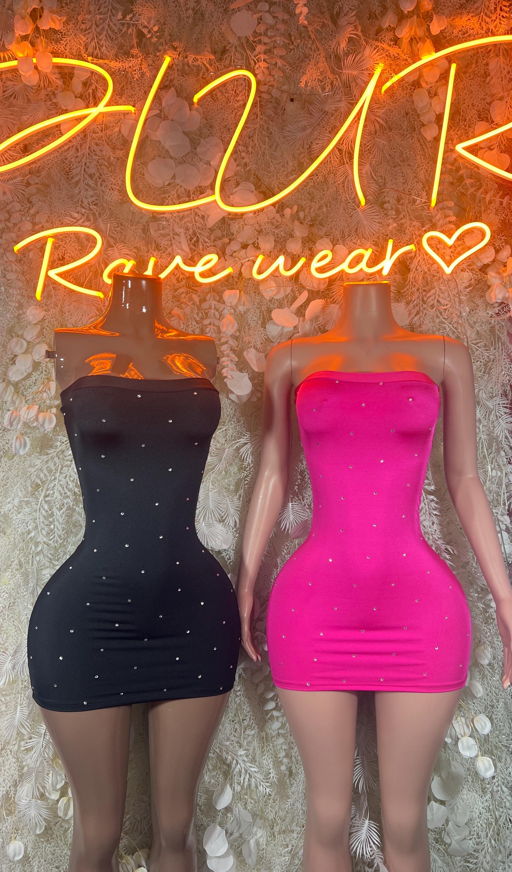 Rhinestone mini dresses, strapless black and bright pink glitter bodycon