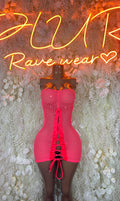Pink fishnet mini dress with lace-up front and sweetheart neckline