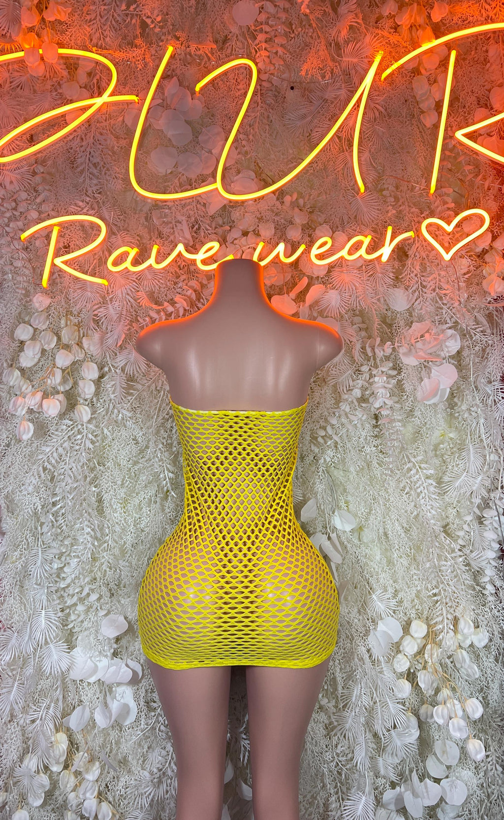 Yellow mesh fishnet mini dress with scoop back