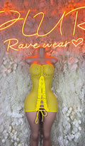 Yellow fishnet mini dress with front cutout and drawstring hem