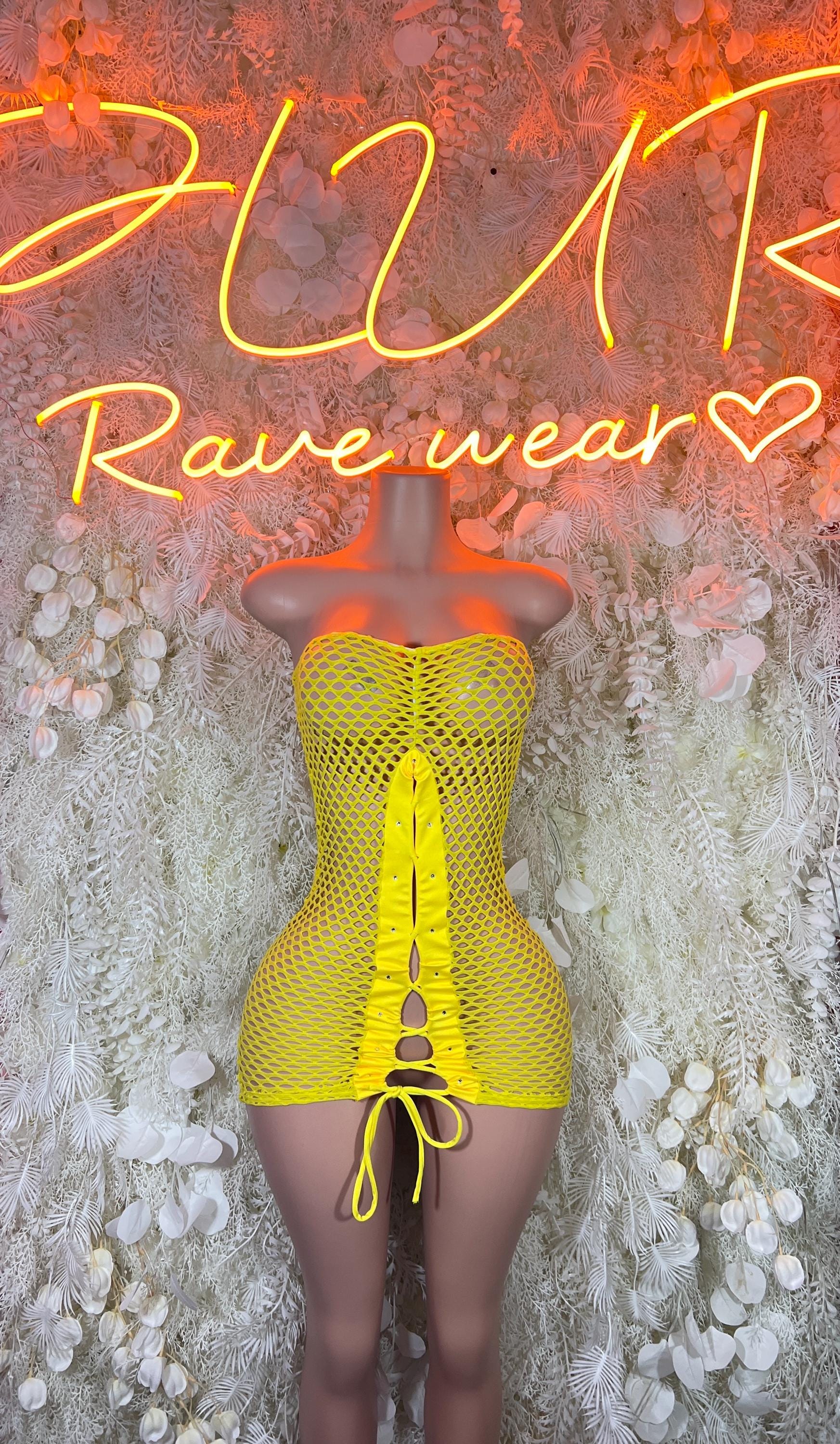Yellow fishnet mini dress with front cutout and drawstring hem