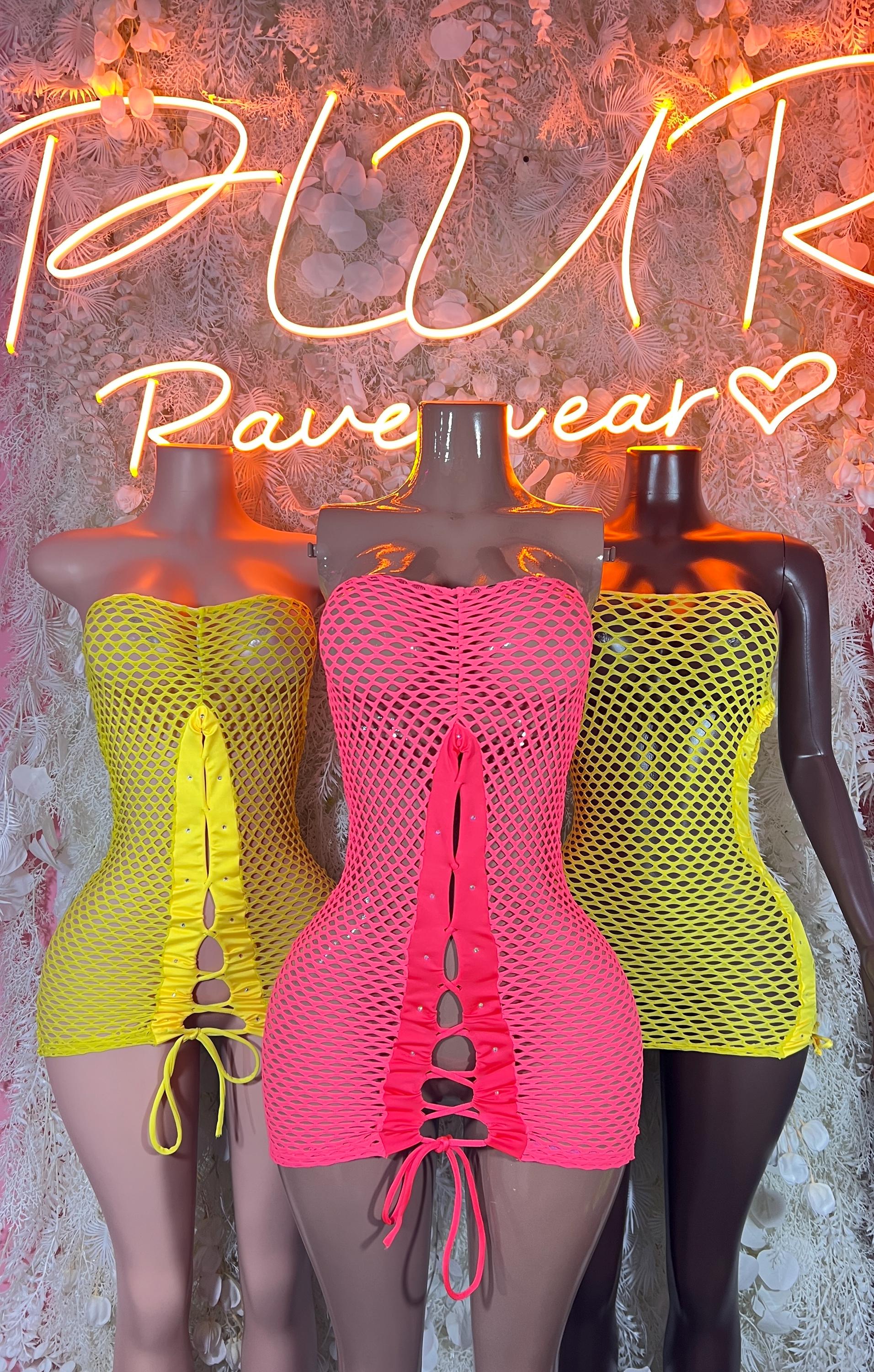 Fishnet mini dress set: yellow and pink mesh with front ties