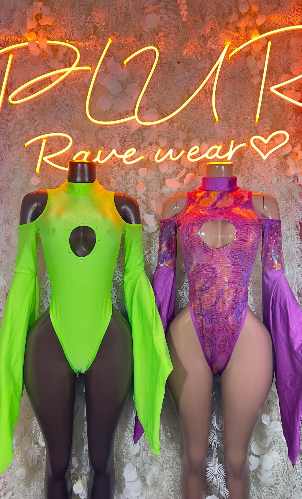 Neon green flare-sleeve bodysuit beside purple version, both with oval cutouts