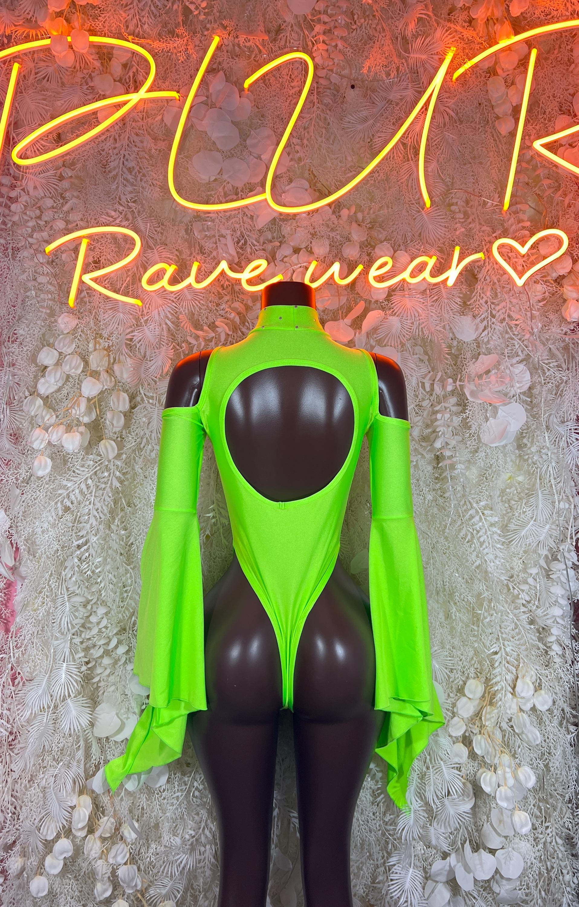 Neon green flare-sleeve rave bodysuit back view, deep oval back cutout