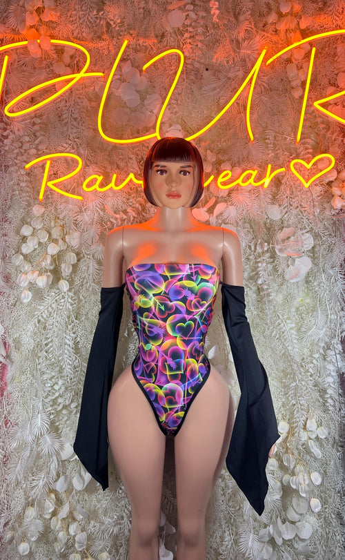 Neon multicolor strapless high-cut bodysuit with black shoulder drape