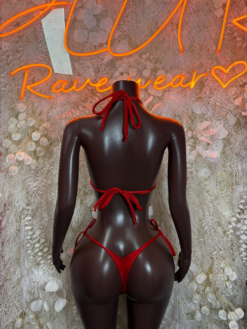 Red bikini set, back view with tie-string triangle top and matching thong bottoms