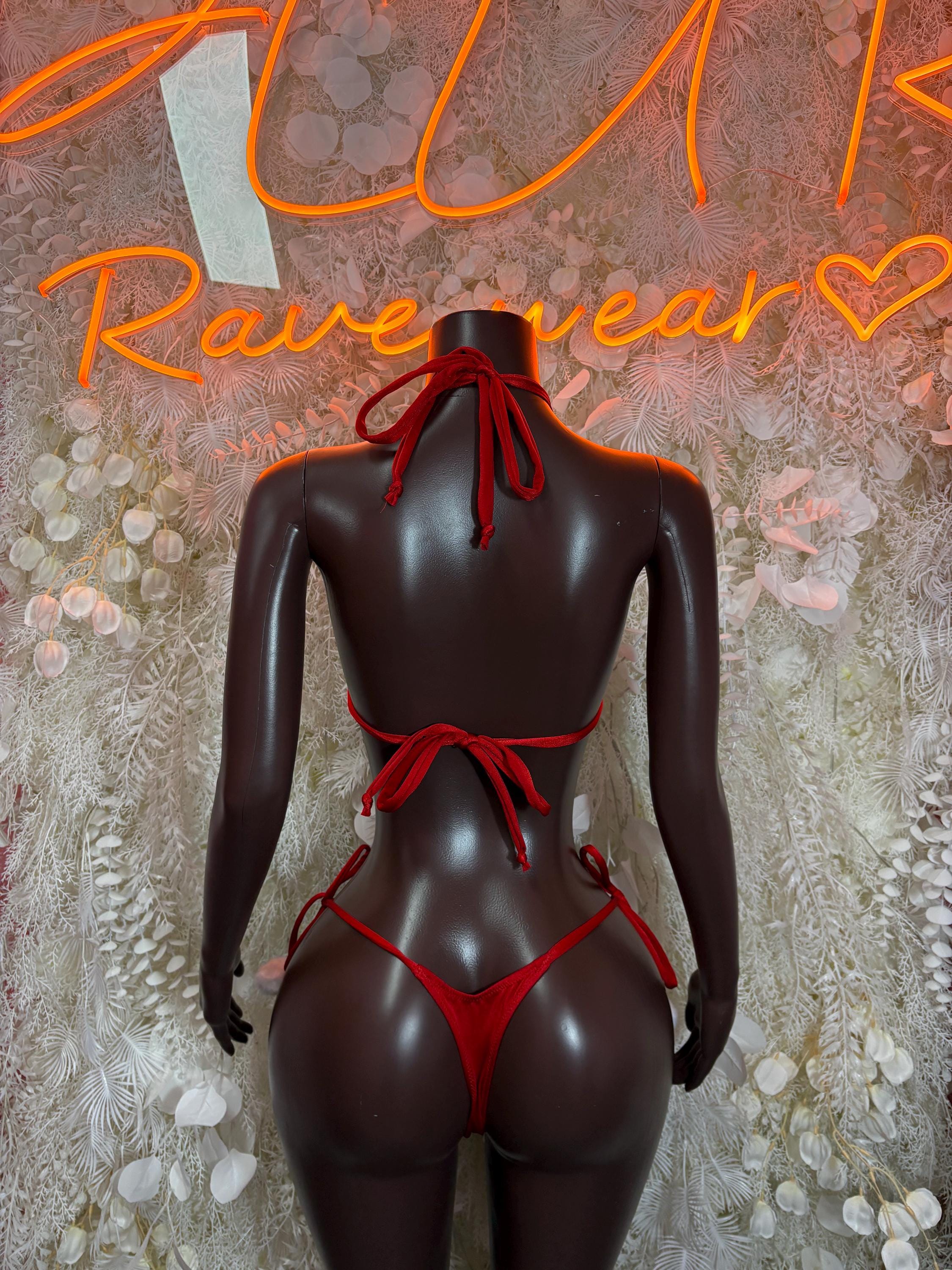 Red bikini set, back view with tie-string triangle top and matching thong bottoms