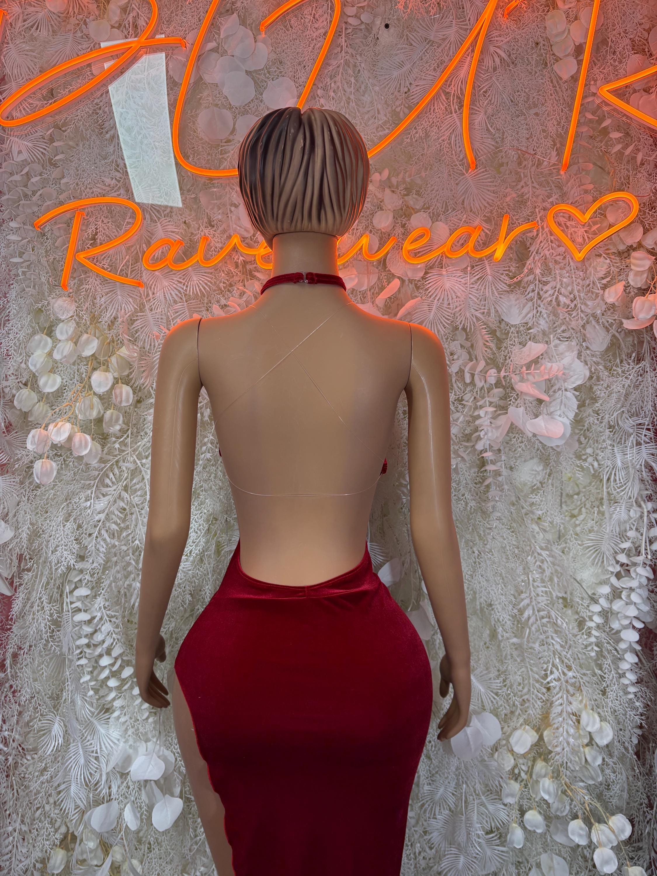 Red velvet one-piece gown, back view with halter straps and low back