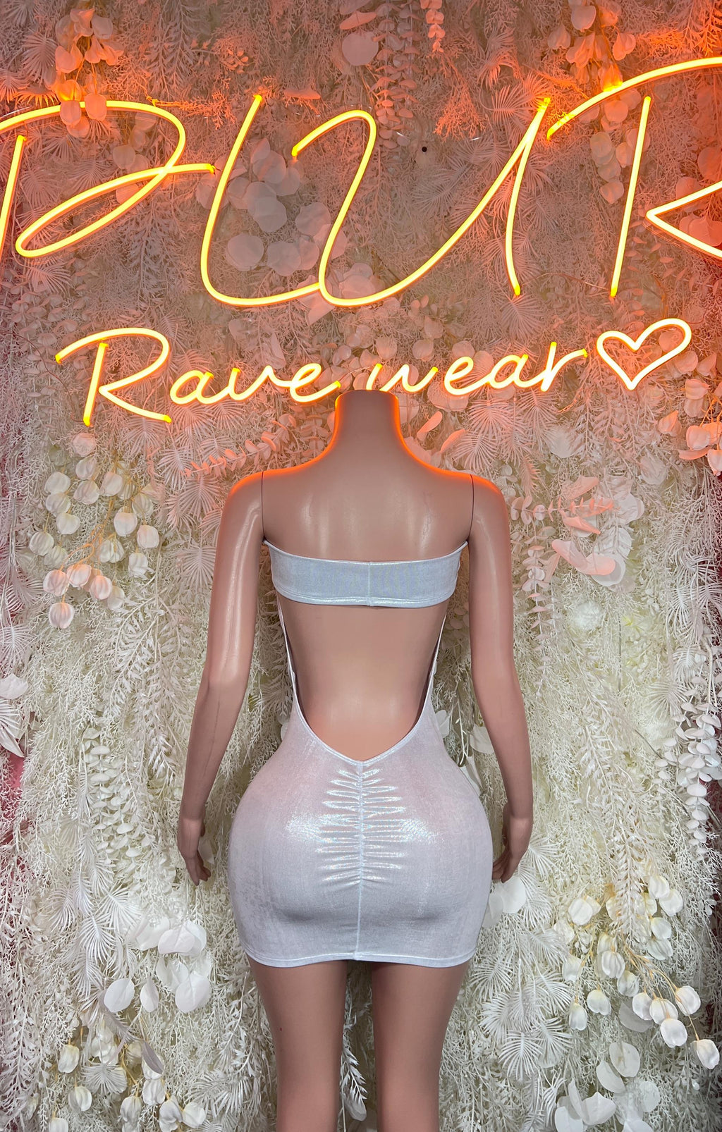 Silver holographic mini dress with deep V back opening and ruched center seams
