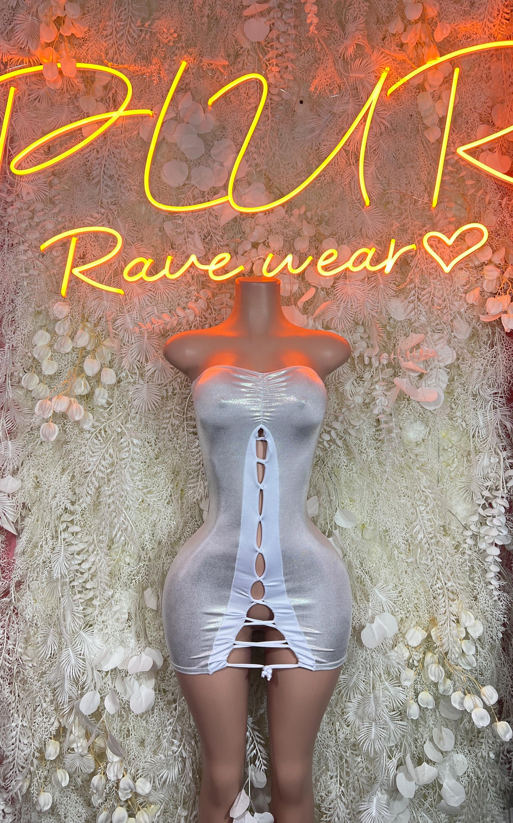 Holographic silver mini dress, halter neckline, front cutout and side string details