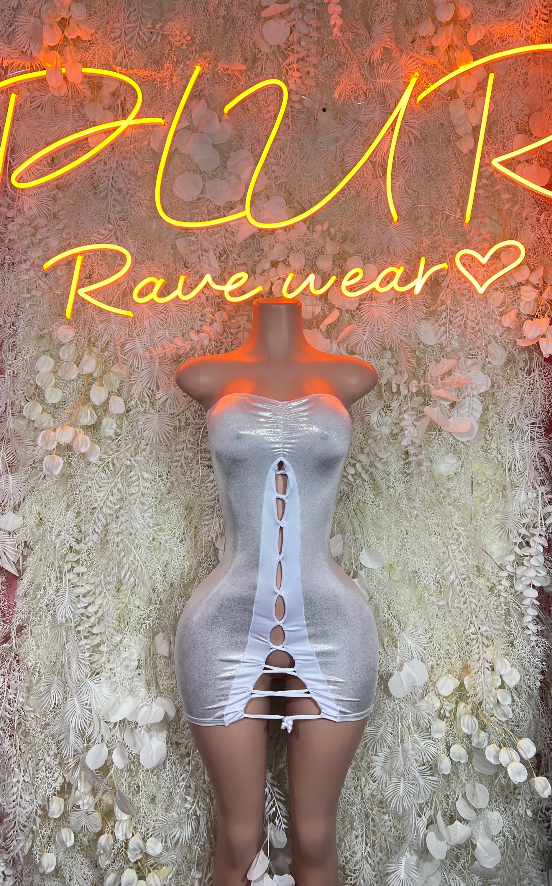 Holographic silver mini dress, halter neckline, front cutout and side string details
