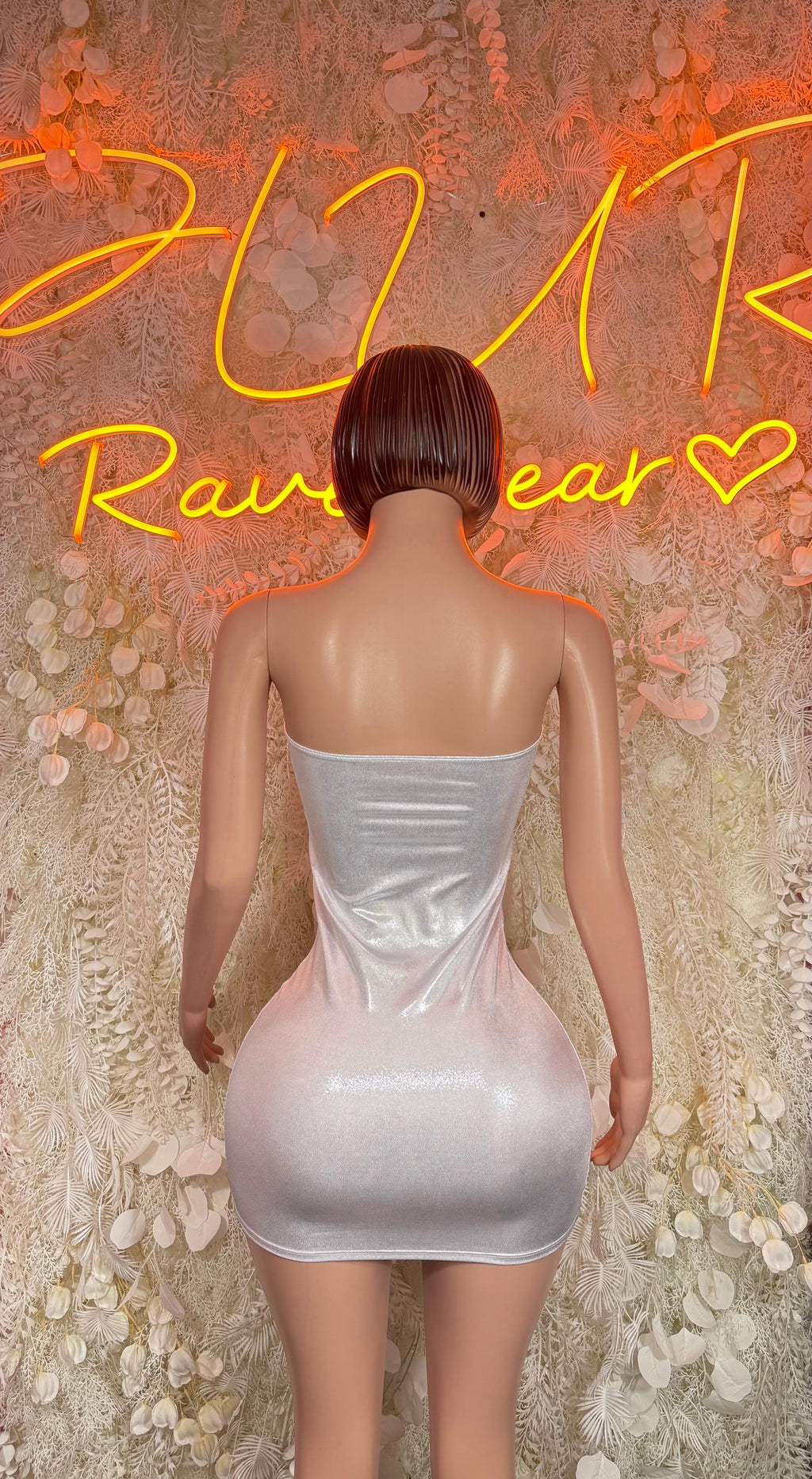 Silver hologram mini festival dress, back view, corset-style sweetheart bodice