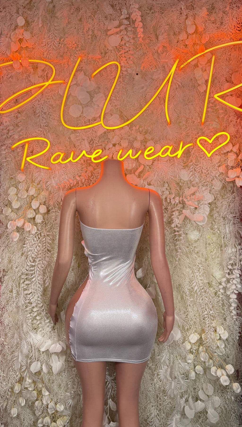 Silver metallic mini dress, low back with scoop neckline