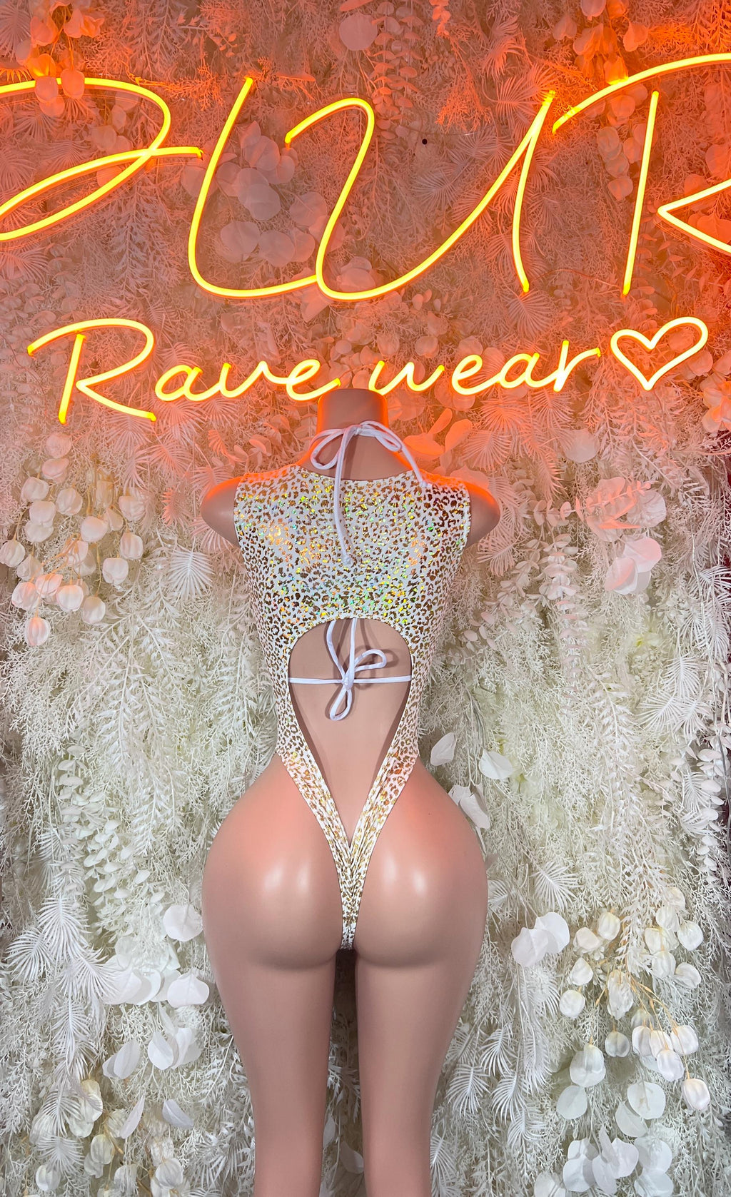Metallic cheetah bodysuit with halter straps and gold-trim cutout, white