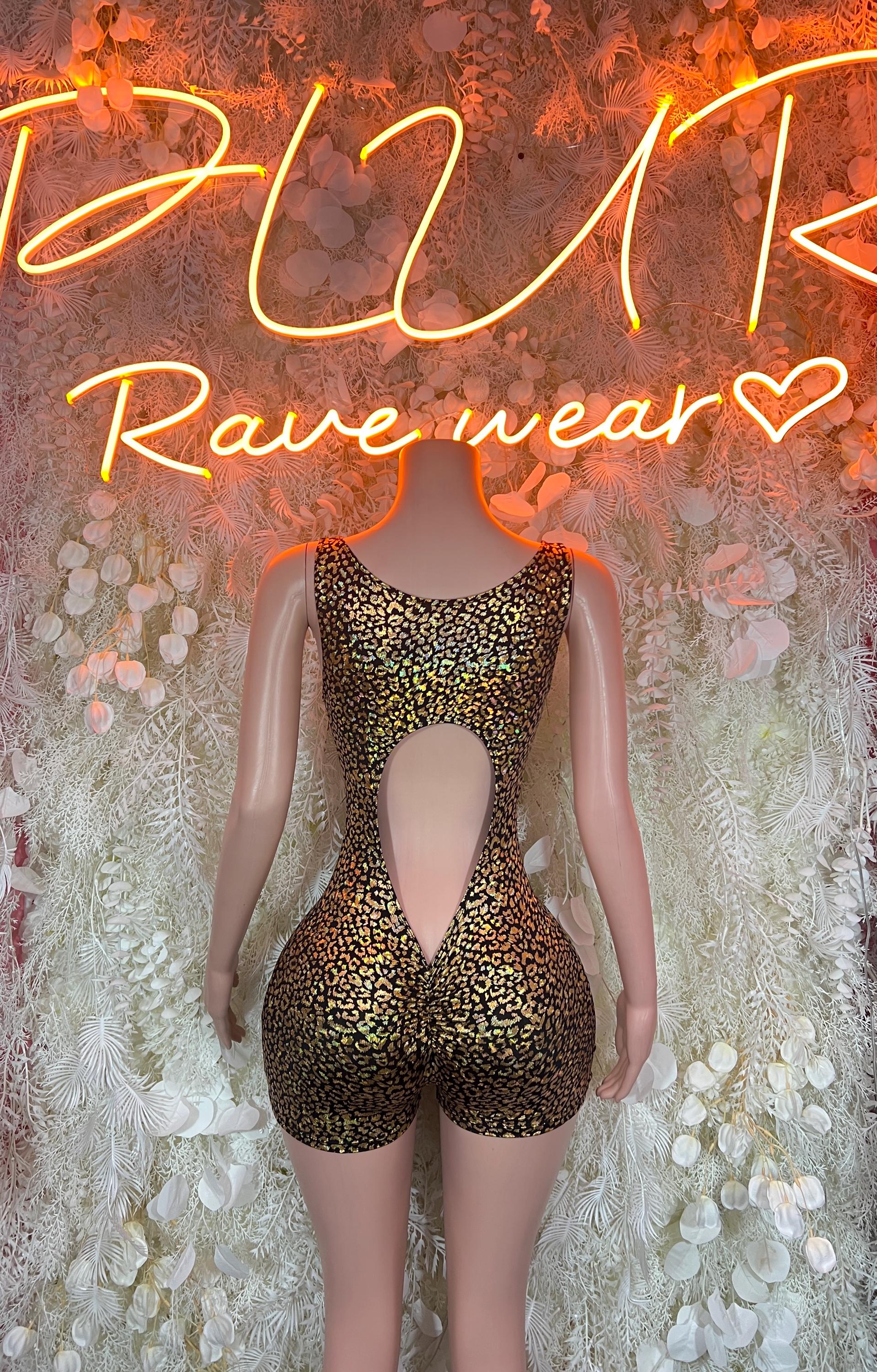Cheetah-print mesh bodysuit with lace-up neckline and oval back cutout, long sleeves