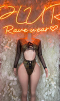 Cheetah print bodysuit with black mesh long sleeves and lace-up front