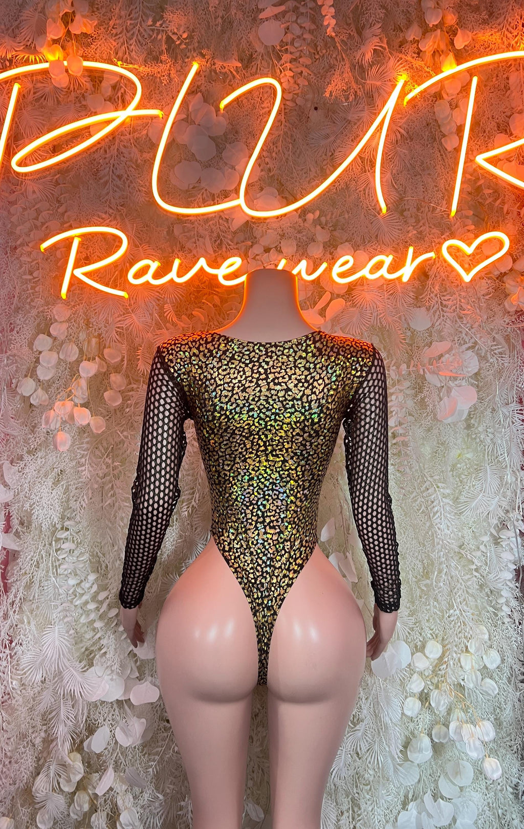 Cheetah print bodysuit with back cutout and black mesh long sleeves